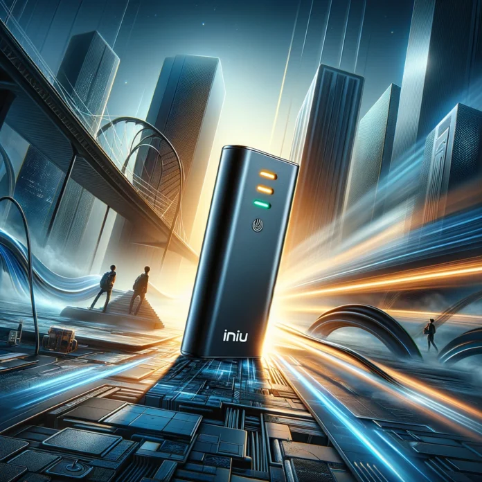DALL·E 2024-02-06 05.48.31 - A visually striking image showcasing an INIU power bank, with its LED indicators lit up, signifying its charging capability. The power bank is placed