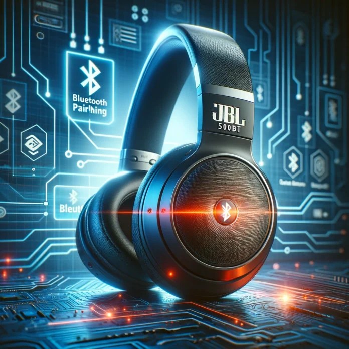 DALL·E 2024-02-06 14.11.07 - Create an image that features a pair of JBL 500BT headphones with a blue light flashing on one side, indicating a Bluetooth pairing issue. The backgro