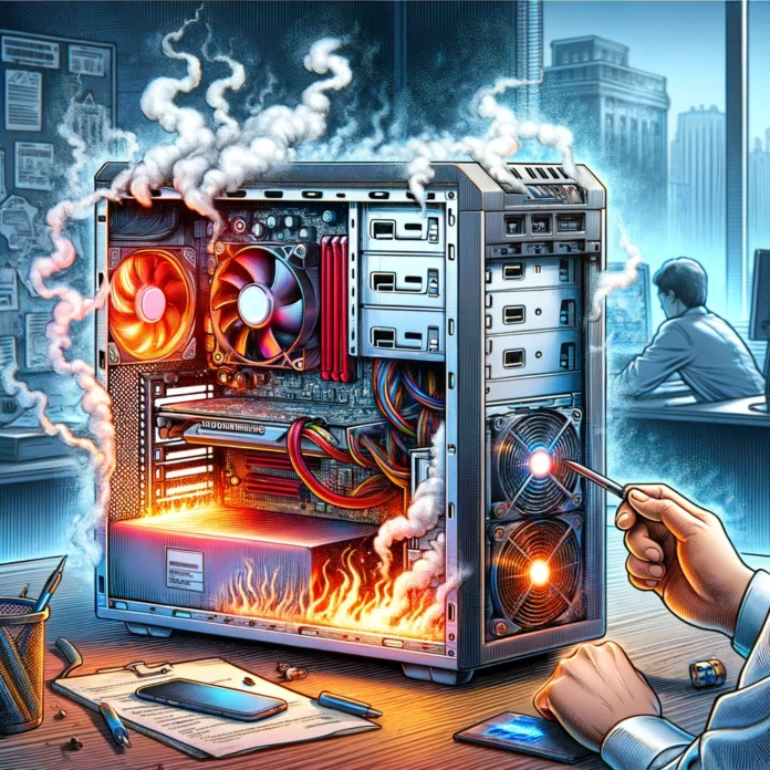 DALL·E 2024-02-06 14.23.21 - Create a detailed illustration of a computer emitting a subtle burning smell, with visual cues indicating overheating components such as a glowing red